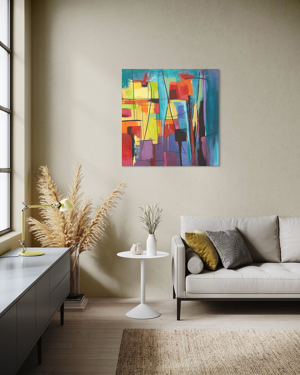 Die leuchtende Stadt II als Kunstprint über ein ein Sofa am Fenster