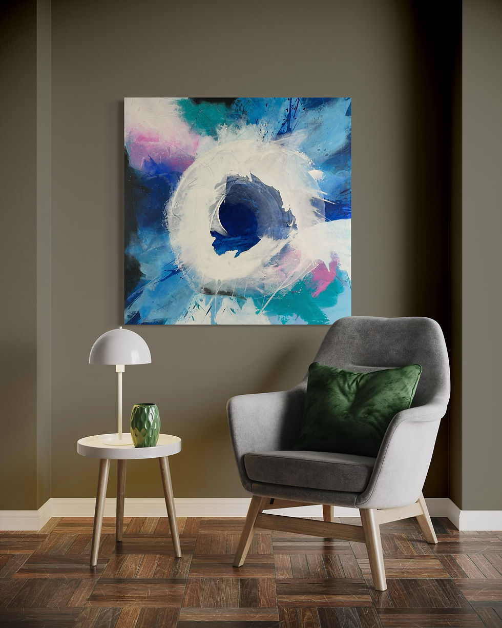 Miniaturbild: DIE KRAFT DER STILLE 9 | Moderne Komposition aus Blau- u Türkistönen mit zartem Rosa, weißem Kreis, dynamischen Pinselspuren