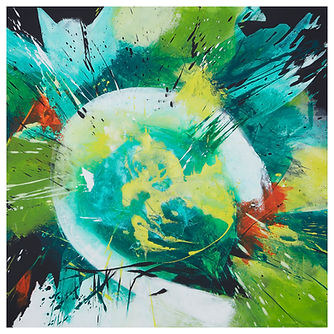 Farbintensiver abstrakter Giclée-Druck mit einem weißen Ring und grün- türkisen Farbverläufen