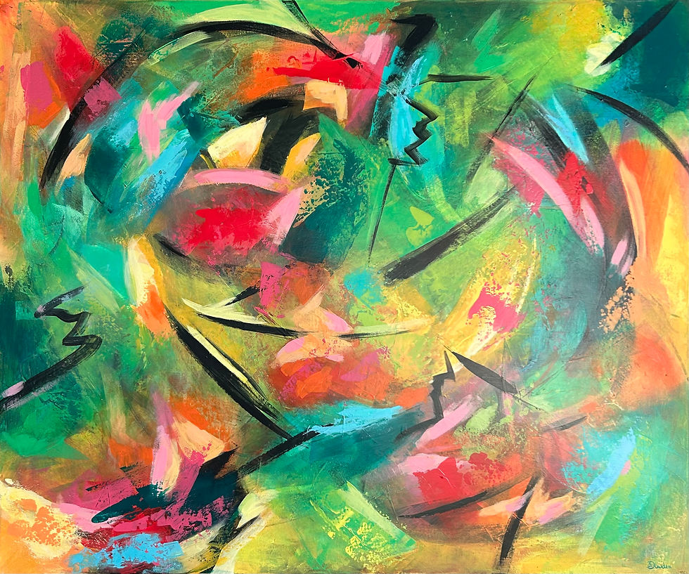 Miniaturbild: Farben erwachen – abstraktes Acrylbild mit Grün, Türkis, Pink, Orange und Gelb sowie dynamischen schwarzen Linien.