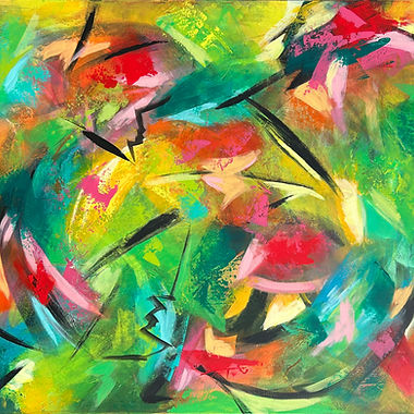 Farben erwachen – abstraktes Acrylbild in Türkis, Grün, Gelb, Orange, Rosé, Rot und schwarzen gestischen Linien