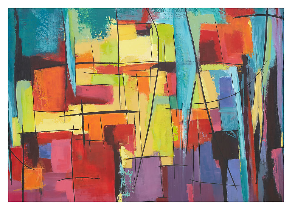 Die leuchtende Stadt IV – abstraktes farbintensiver Giclée-Druck mit geometrischen Formen