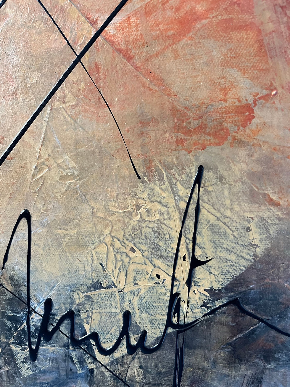 Miniaturbild: STERNENSCHNUPPE 8 Abstraktes Acrylgemälde in Gold, Kupfer und Silber mit dynamischen weißen Linien und geometrischen Kreisen