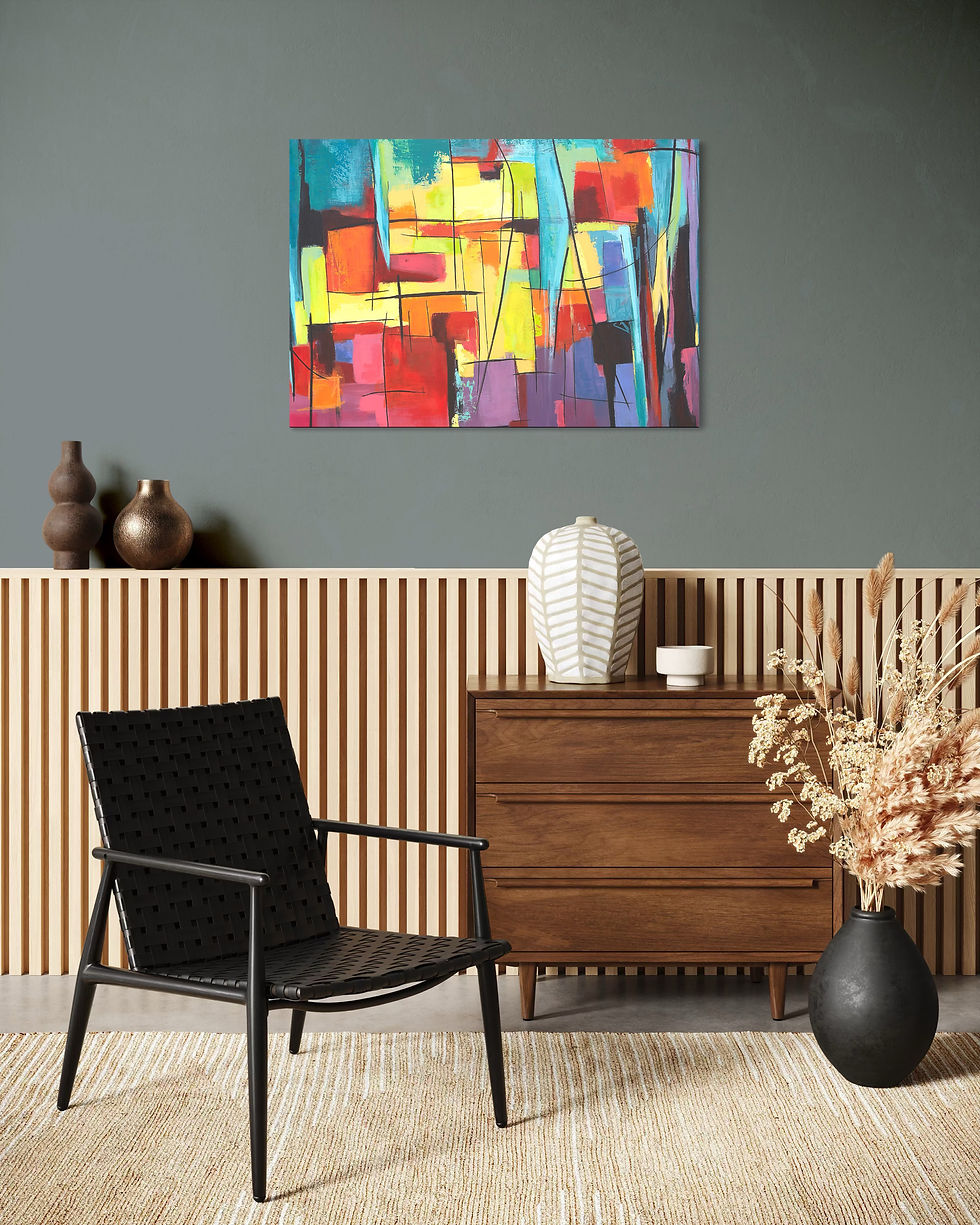 Die leuchtende Stadt IV als Kunstprint im Wohnraum über einem Highboard