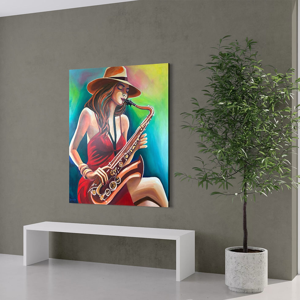 Im Moment des Klangs 1 | Acrylbild mit spielender Saxophonisten mit Hut und roten Kleid