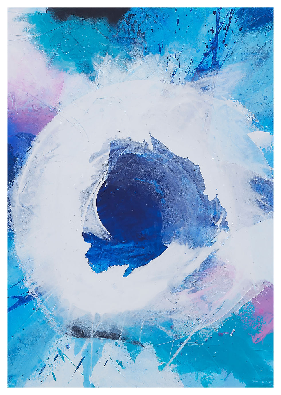 Die Kraft der Stille – abstrakter Giclée-Druck in Blau und Türkis mit weißer Kreisform