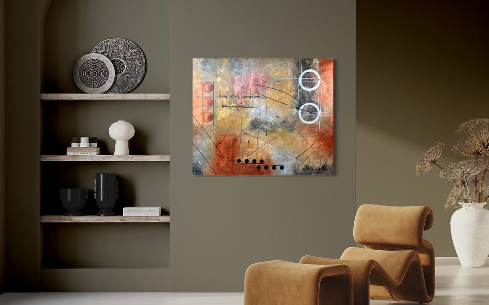 Miniaturbild: STERNENSCHNUPPE 10 Abstraktes Acrylgemälde in Gold, Kupfer und Silber mit dynamischen weißen Linien und geometrischen Kreisen