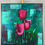 Miniaturbild: FRÜHLINGSERWACHEN 2 Handgemaltes Acrylbild mit drei stilisierte Tulpen in Pink und Magenta auf grün-blauem Hintergrund