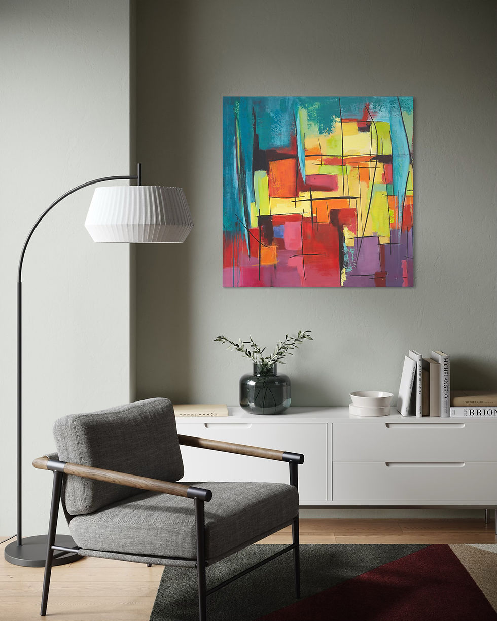 Die leuchtende Stadt II als Kunstprint über ein Lowboard im Wohnzimmer