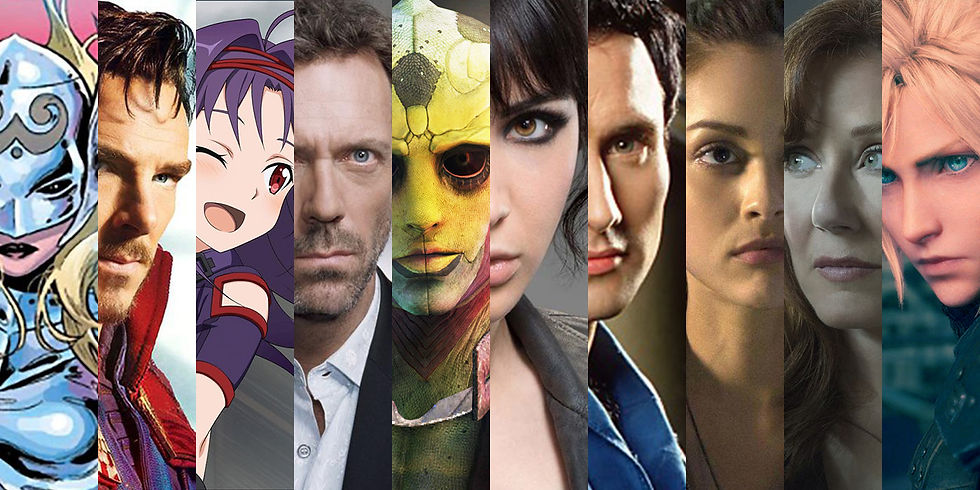 The faces of ten disabled characters: Jane Foster (The Mighty Thor), Stephen Strange (Dr. Strange), Konno Yuuki (Sword Art Online), Gregory House (House), Thane (Mass Effect), Amanda Brotzman (Dirk Gently's Holistic Detective Agency), Allen Francis Doyle (Angel), Raven Reyes (The 100), Laura Roslin (Battlestar Galactica), and Cloud Strife (Final Fantasy VII).