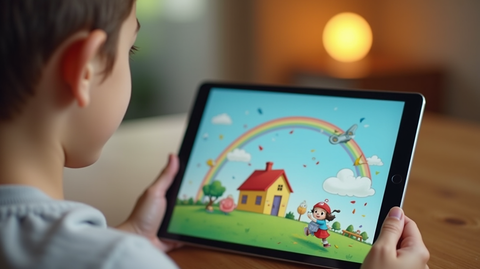 Eye-level view of a tablet displaying a colorful children’s book page