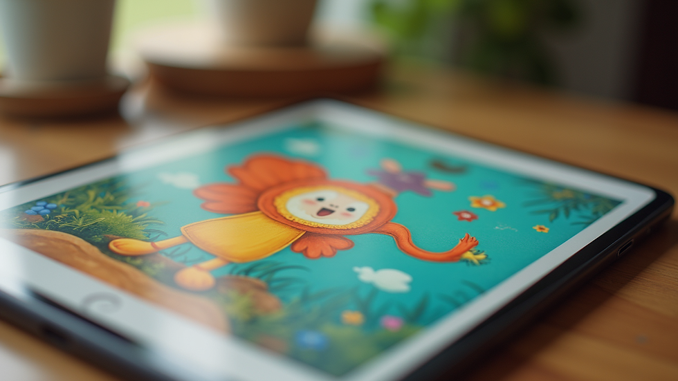 Eye-level view of a tablet displaying a colorful children's book cover