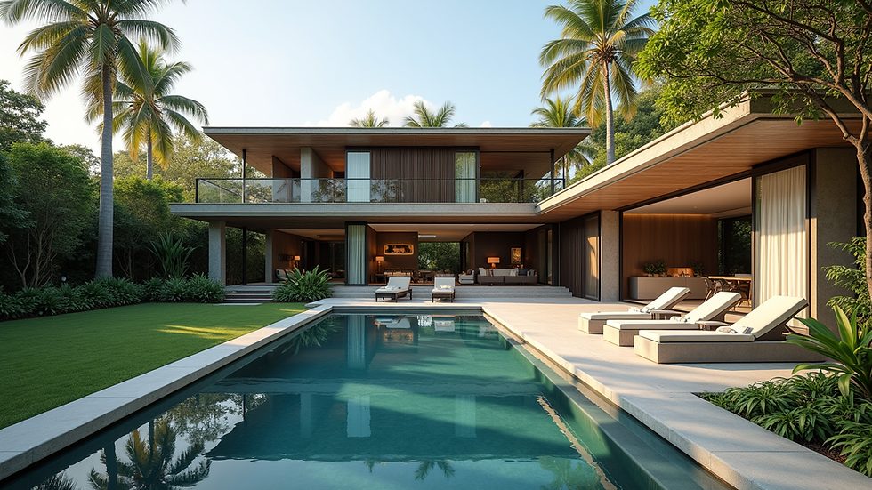 High angle view of modern tropical home exterior with pool and lush landscaping