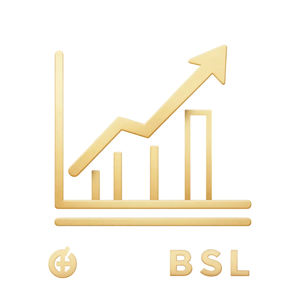 Gold graphic of a bar chart displaying upward financial growth and success, with BSL text.