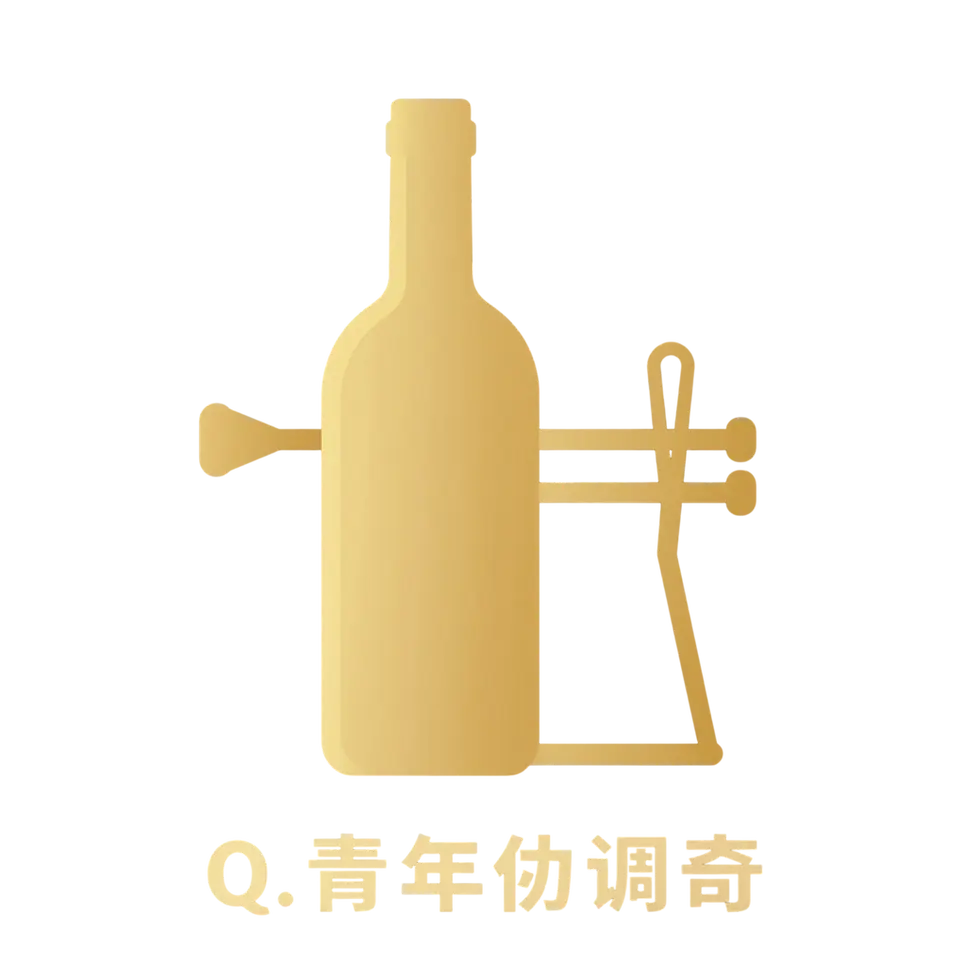 Golden vector graphic of a stylized bottle integrated with musical instrument elements. The abstract design suggests artistic fusion.