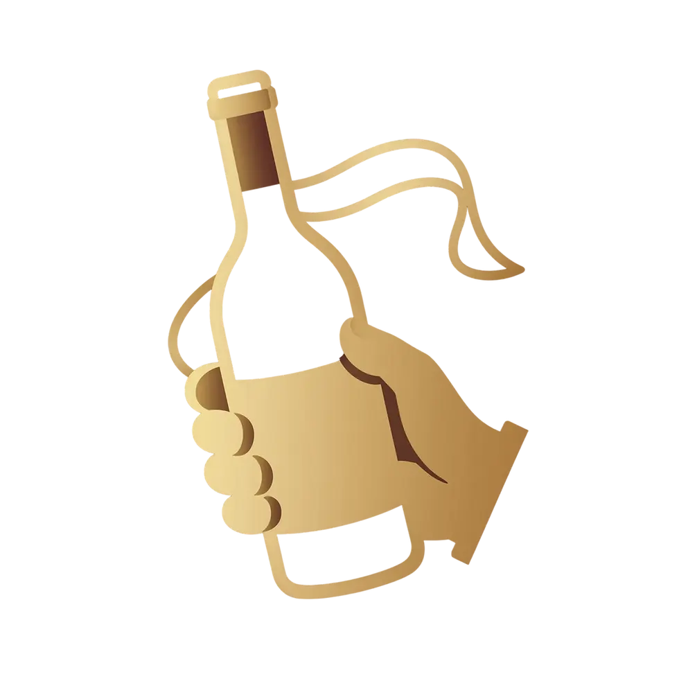 Digital illustration of a hand holding a bottle with a ribbon. Elegant and celebratory.