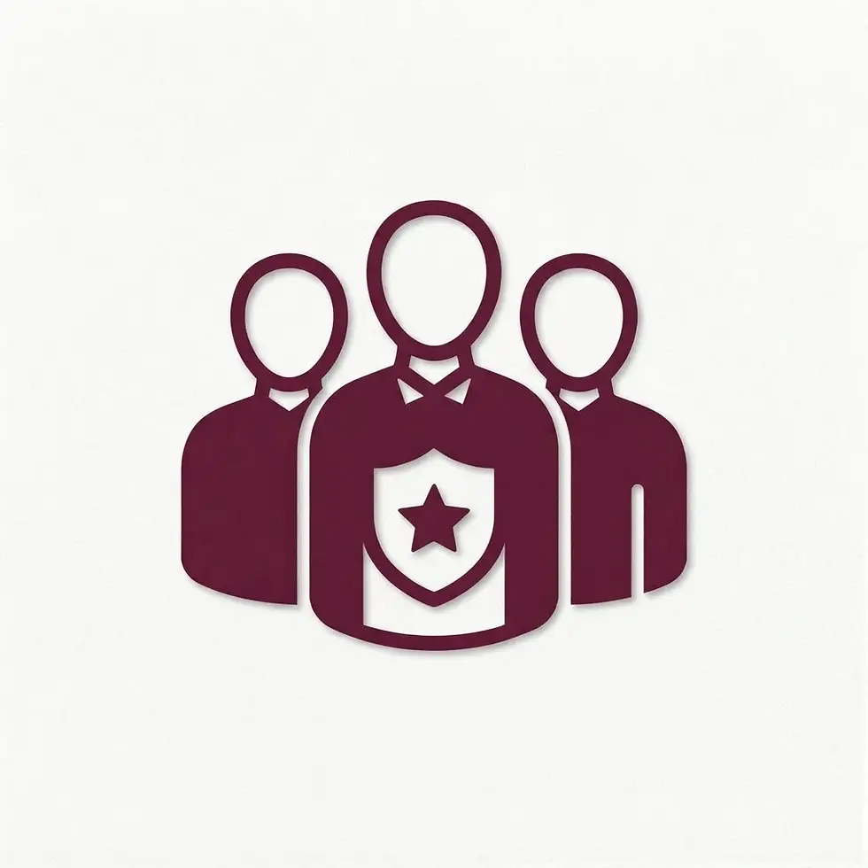 Digital illustration of three abstract figures, with the central figure displaying a shield emblem. Suggests teamwork or security.