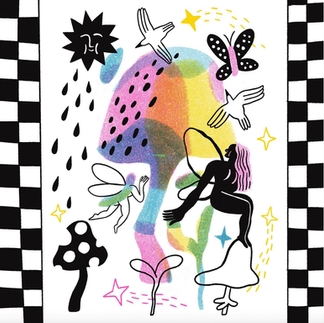 rainbow mushroom painting with silhouettes of fairys