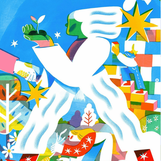 painting of a green woman in a white dress surrounded by very colorful abstract nature