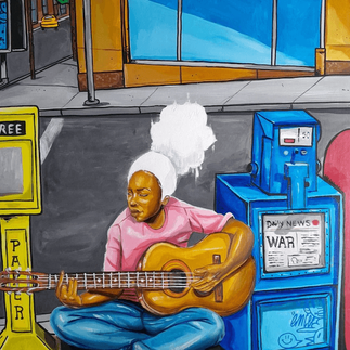 painting of beautiful black girl playing acoustic guitar on the street