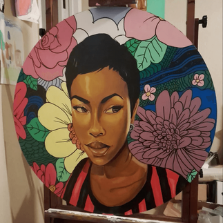 painting if beautiful black person in front of large flowers