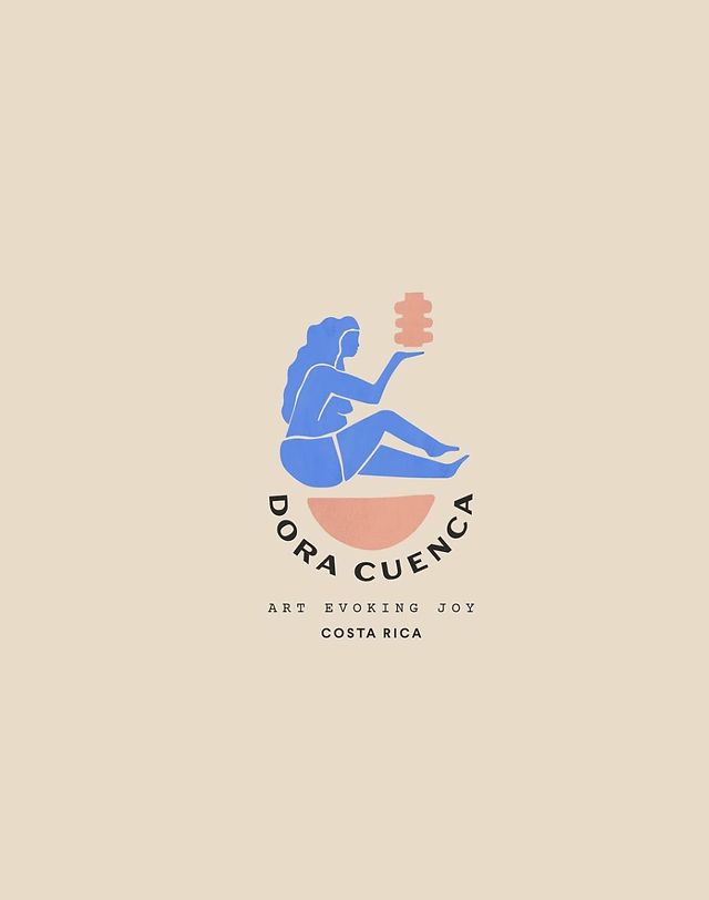 logo of a blue female silhouette sitting on a half circle holding a circular statue with her palms up