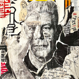 collage of ripped paper portrait of anthony bourdain