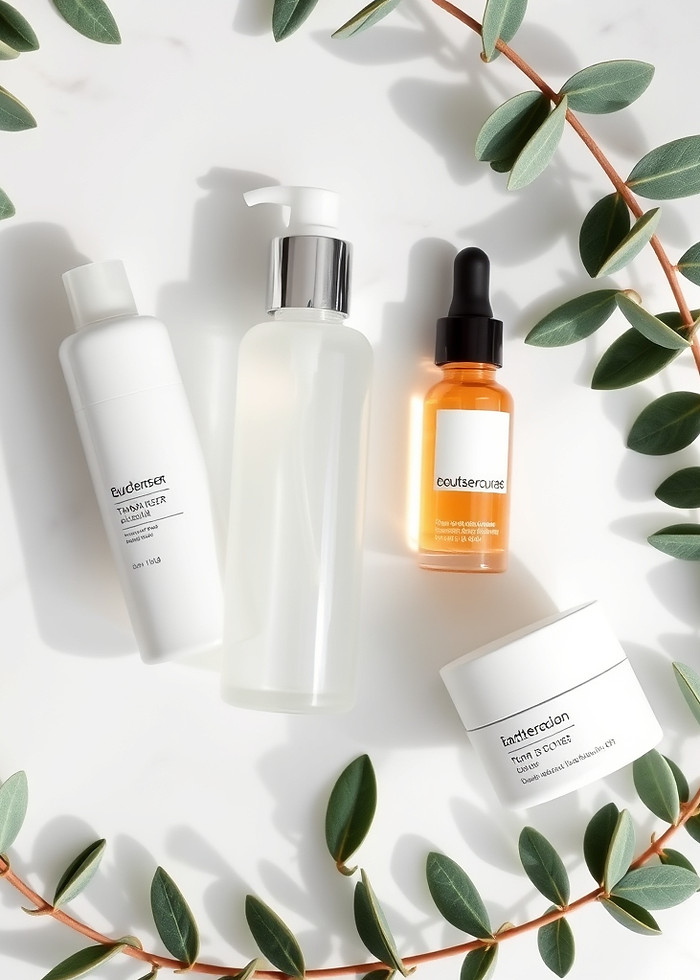 Top-down flat lay product photography of a daily skincare routine set arranged neatly on a