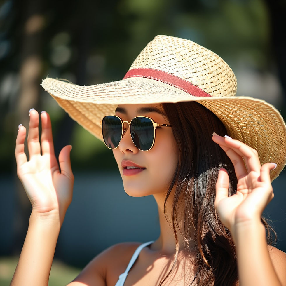 A young Asian woman applying sunscreen to her face with a gentle touch. She is wearing a w