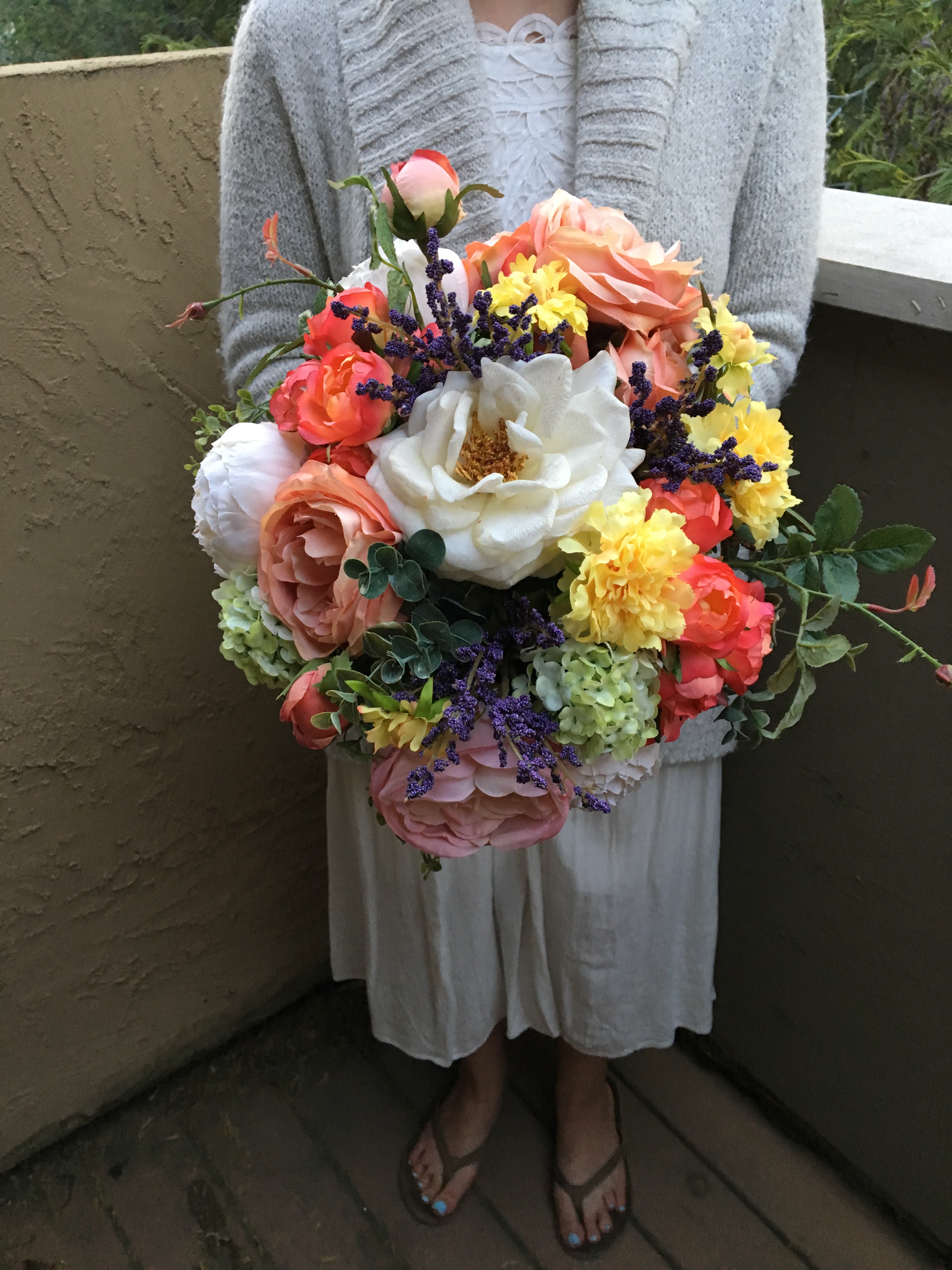 Peach, white, yellow and purple silk