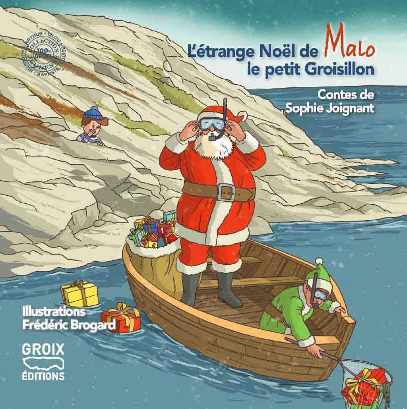 le père Noël sur une barque sur la mer près de la côte avec un masque de plongée