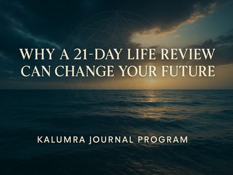 Ocean sunrise with sacred geometry overlay and bold text: Why a 21-Day Life Review Can Change Your Future – Kalumra Journal Program. Inspirational banner for guided self-paced program.