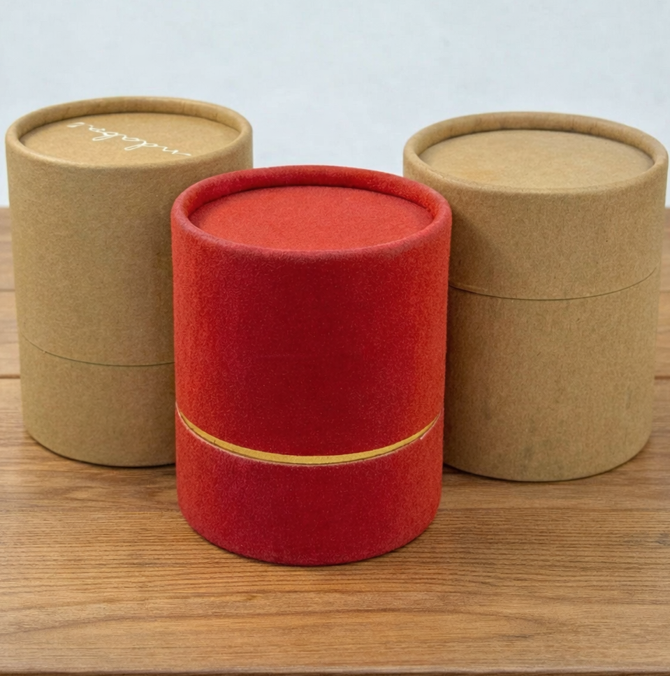 Kraft composite cans with custom sizes and printed labels for packaging