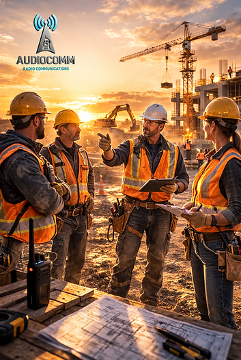Un chantier de construction en début de journée, les l'équipe d'ouvriers utilise une Radio NX-3200 sans clavier