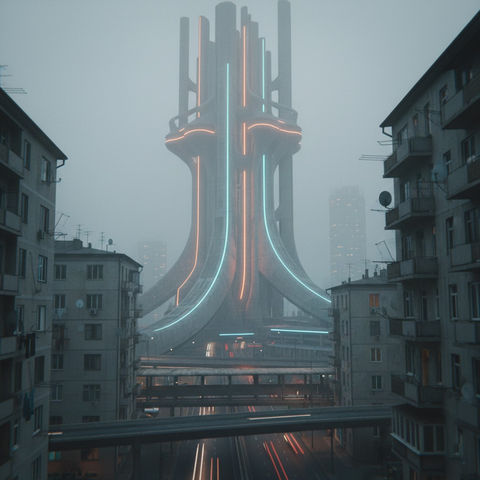 Tour futuriste massive lignes néon ville brumeuse