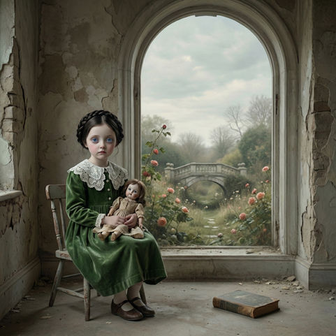 Portrait fillette robe verte poupée ancienne fenêtre