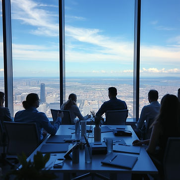 A photograph with a blue theme featuring people in an office environment with a spectacula