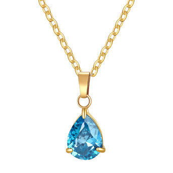 Elegant gold necklace with a sparkling pear-shaped blue gemstone pendant.