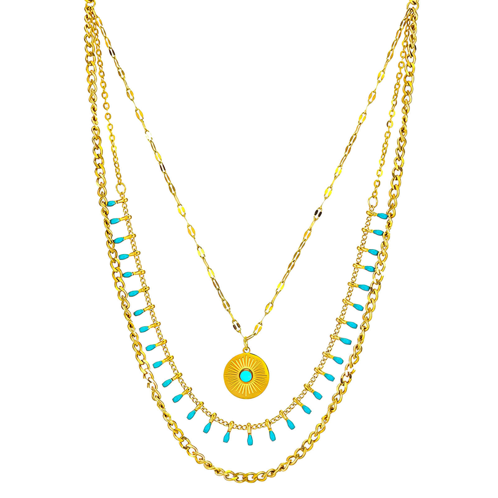Golden layered necklace with turquoise details. Necklace, 18K Gold Plated Steel. Elegant jewellery piece.