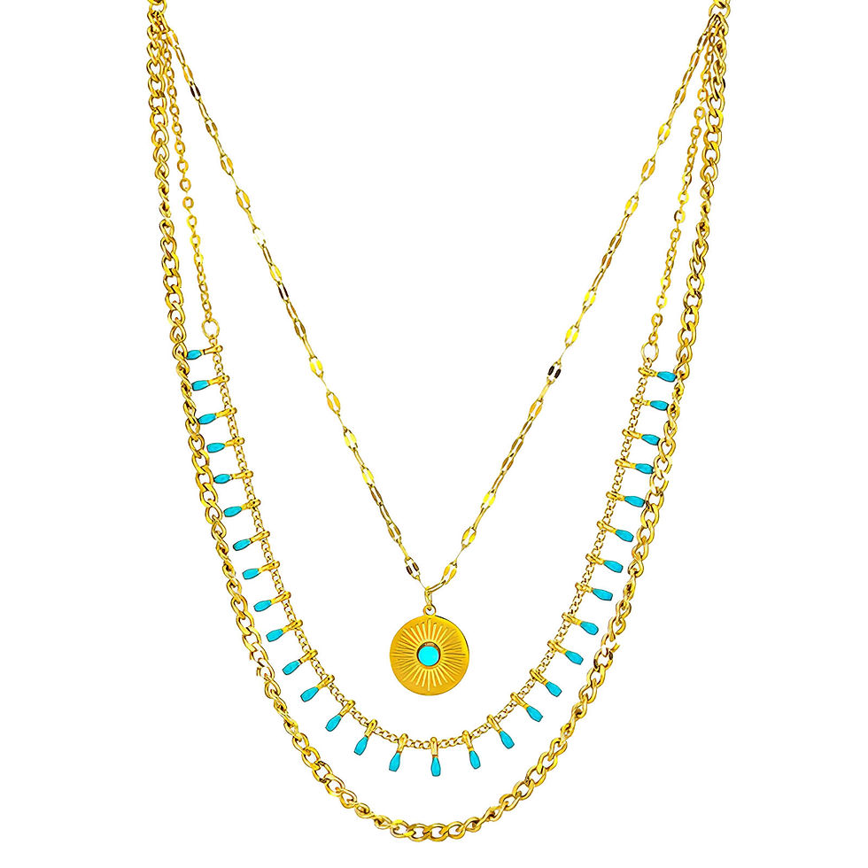 Golden layered necklace with turquoise details. Necklace, 18K Gold Plated Steel. Elegant jewellery piece.