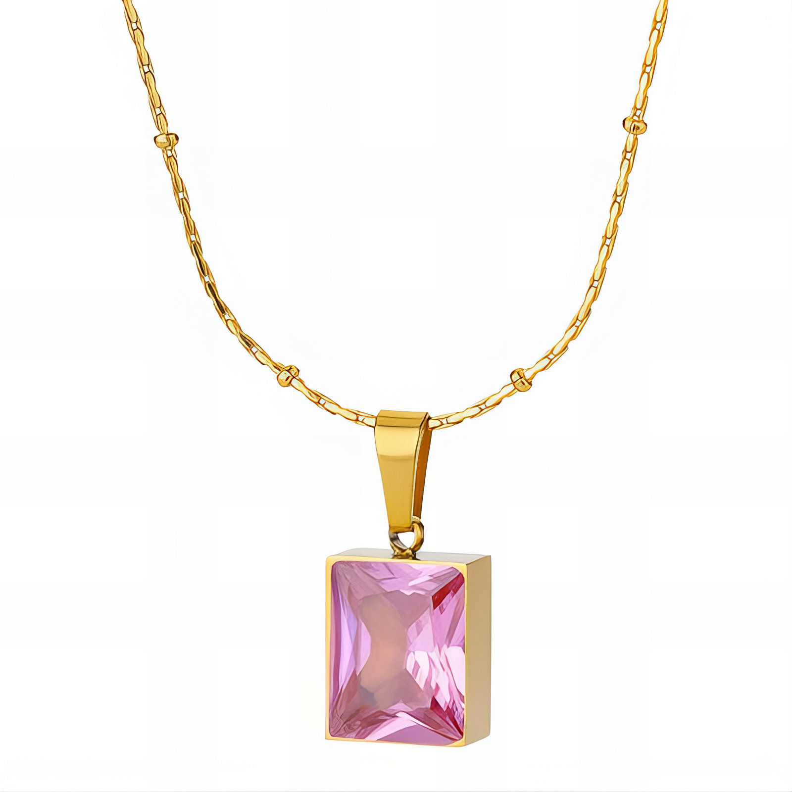 Elegant pendant necklace featuring a pink gemstone, Necklace, 18K Gold Plated Steel, simple design.