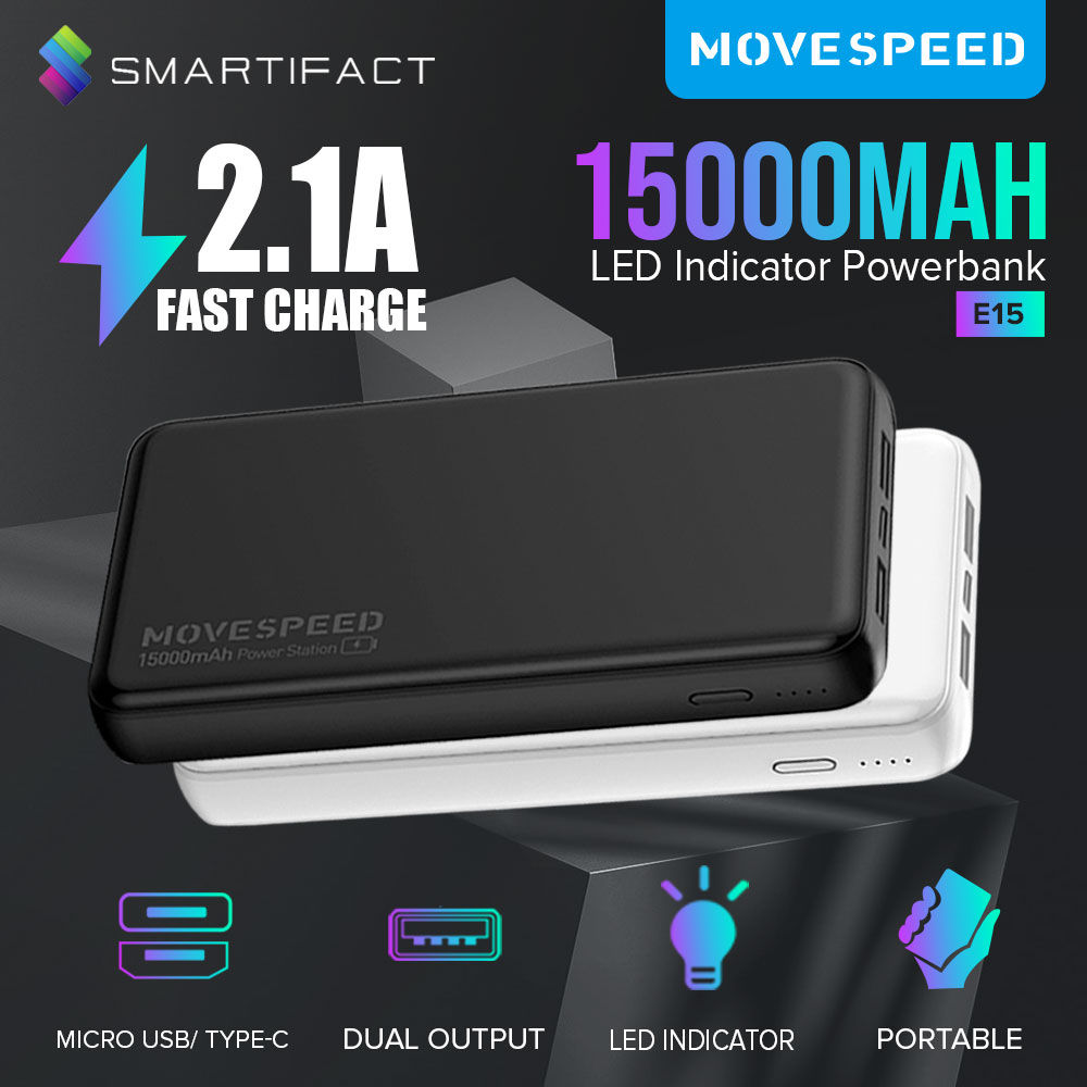 Move Speed E15 Power Bank 15000mAh Micro 5v-2.0A Output: USB1 5V-1A USB2 5V-2.1A