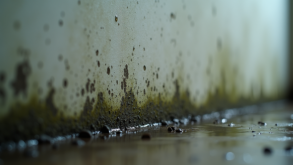 Close-up view of damp wall with water stains and mold growth