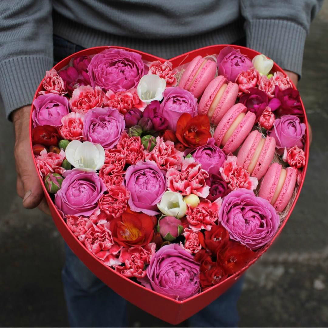 Valentine's Day love heart flower gift with macarons to impress