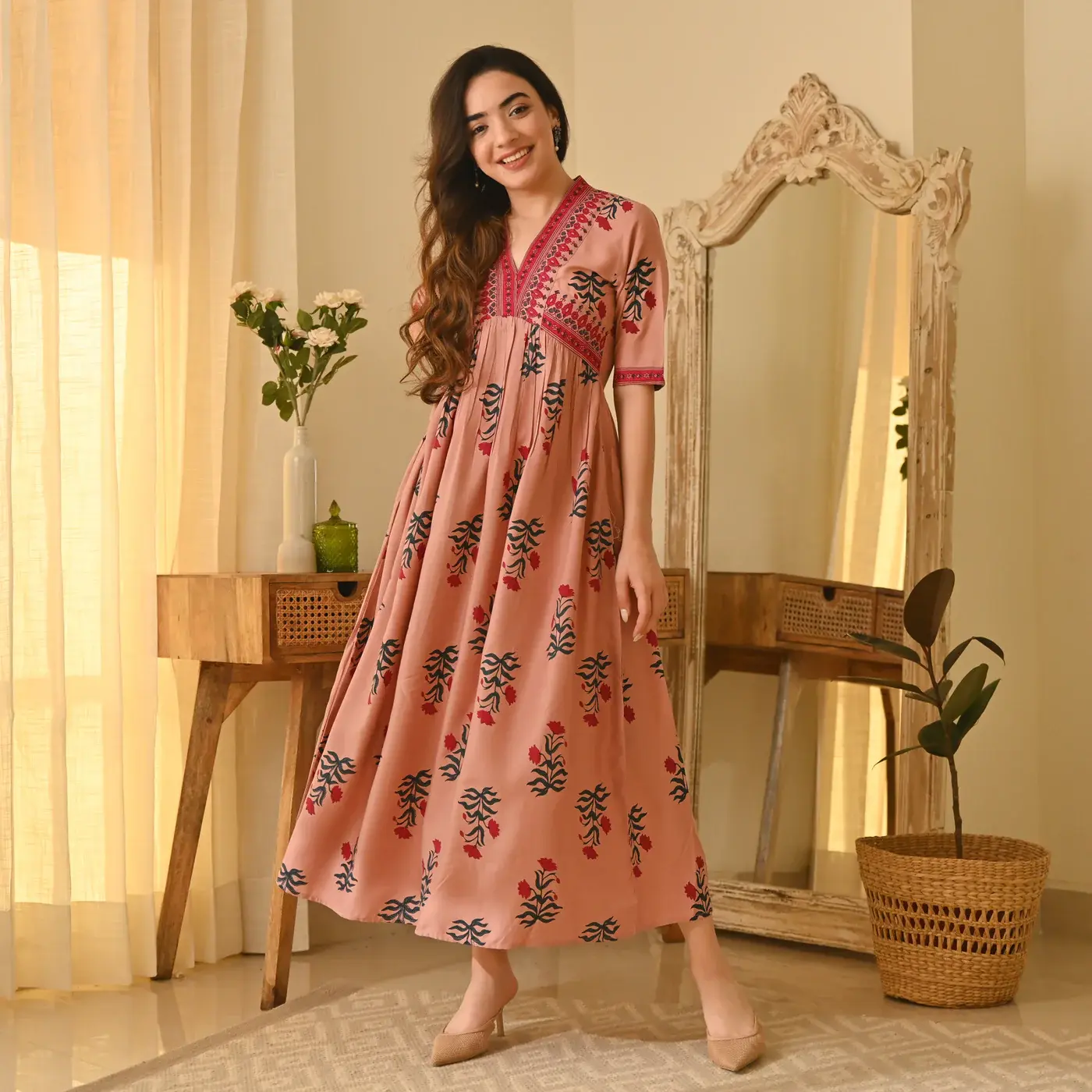 Rustorange Gulbagh Pink V Neck Dress