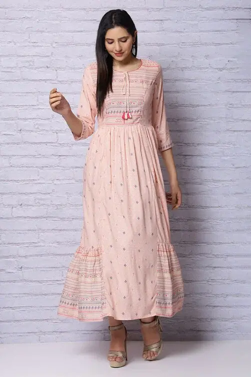 Rangriti Peach Viscose Rayon Flared Dress