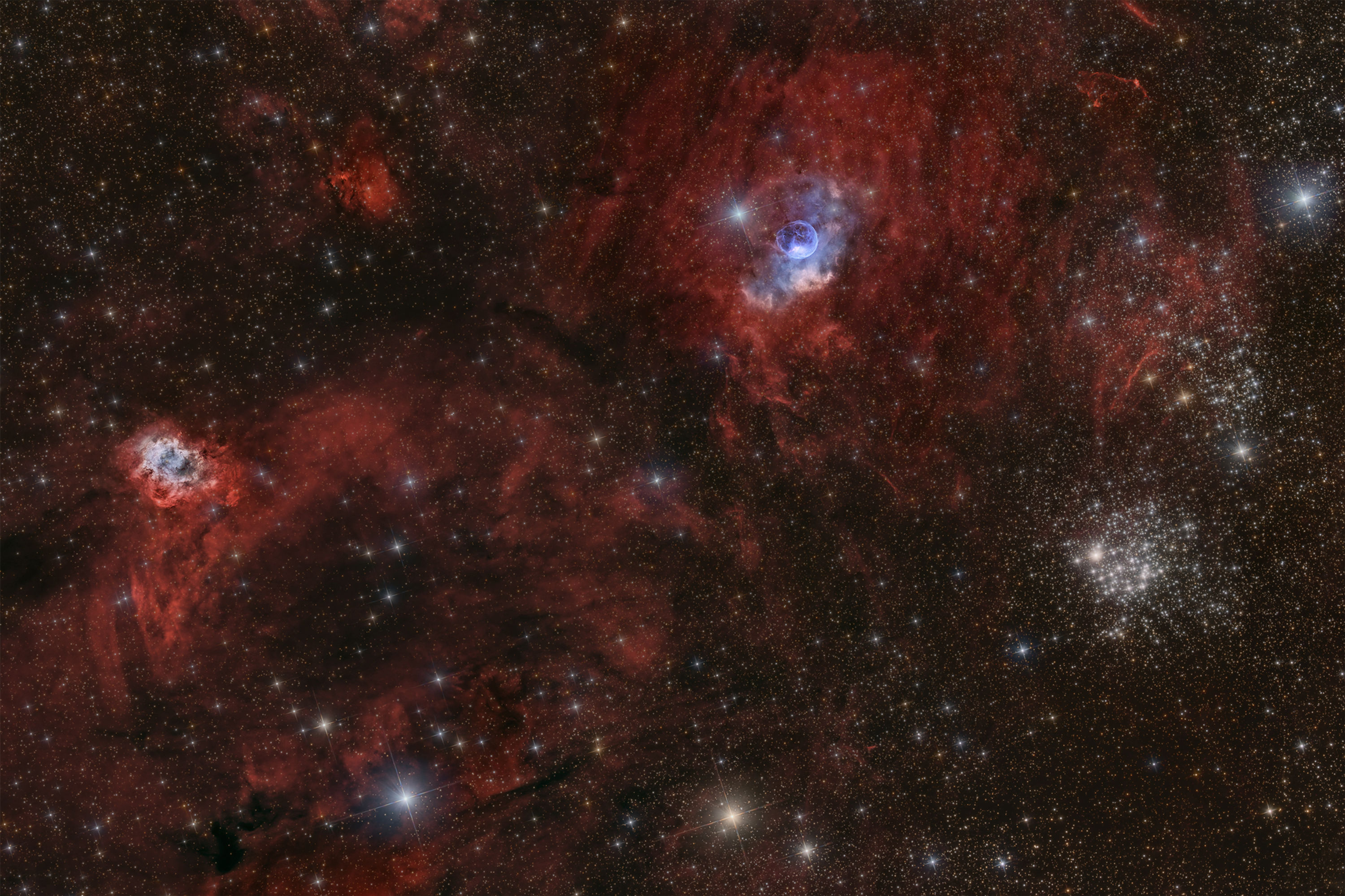 Astrophotography of the Bubble Nebula (NGC 7635) and the star cluster M52 in Cassiopeia – glowing bubble of gas around a hot star