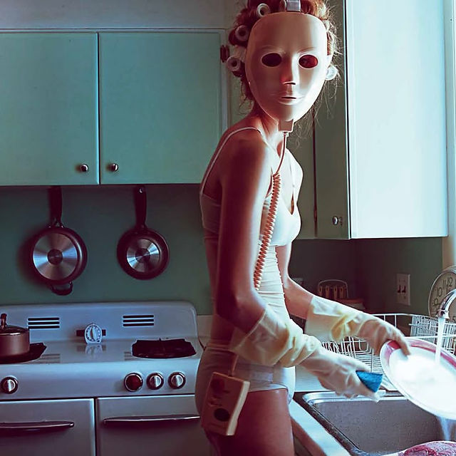 girl washing dishes in mask