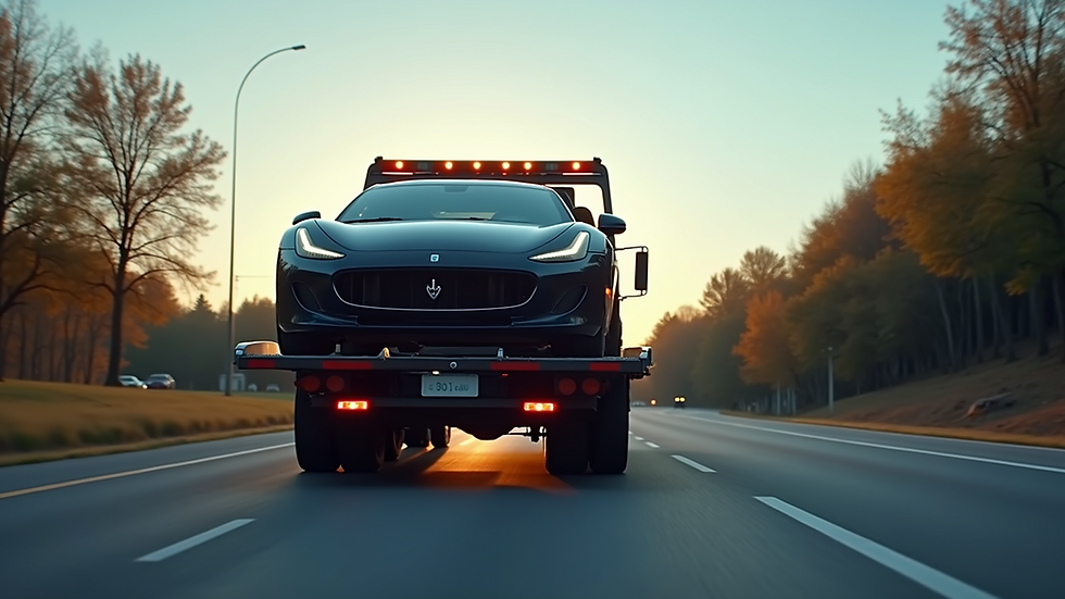 Eye-level view of a flatbed tow truck ready to load a luxury car