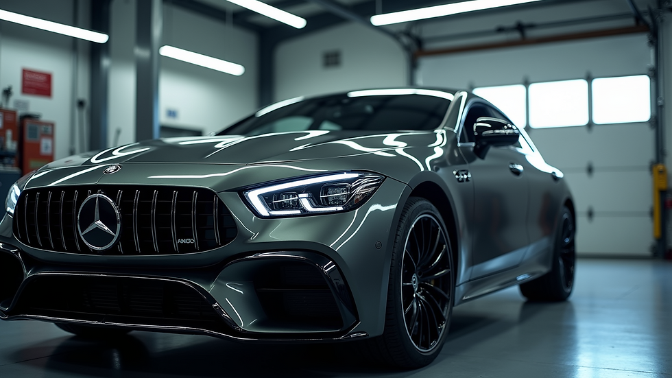 Eye-level view of a luxury car being serviced in a professional workshop